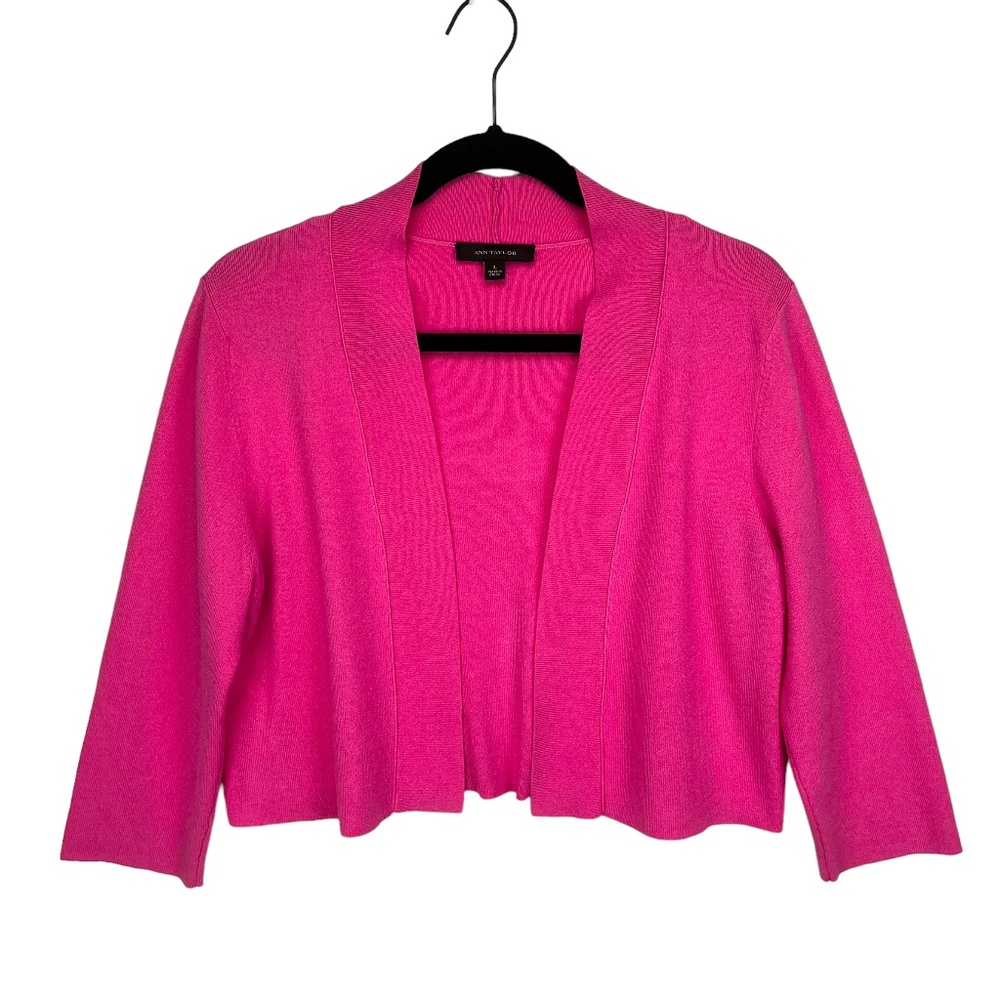 🆕 Ann Taylor Shrug L Cropped 3/4 Sleeve Open Front Bolero Pink Knit Sweater